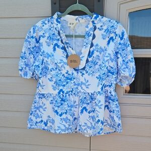 BiBi Blue Ruffled Peplum Blouse with Bib Collar Sz L